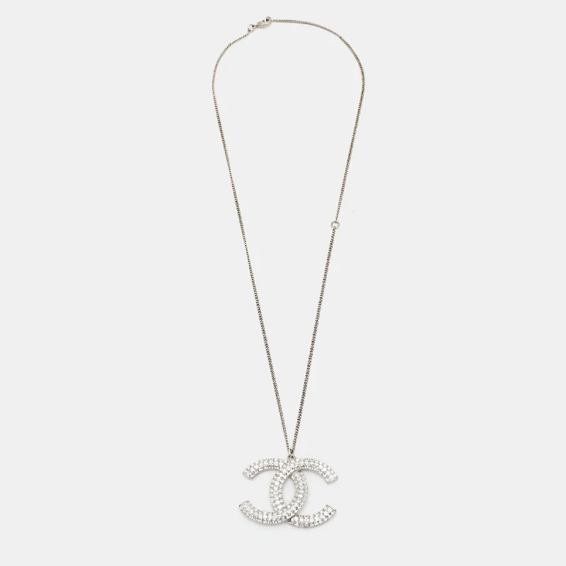 Chanel CC Crystals Silver Tone Pendant Necklace