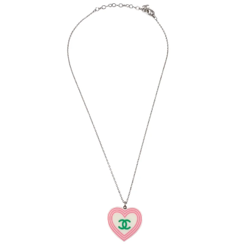 Chanel Heart Chain Necklace Pendant Silver 04C