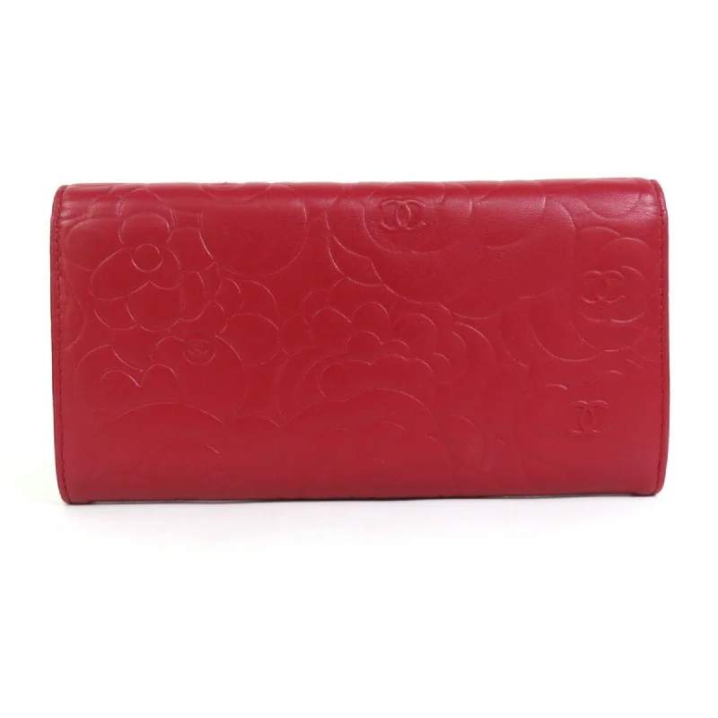 CHANEL Long Wallet Camellia Coco Mark Embossed Leather Dark Red Silver Women's