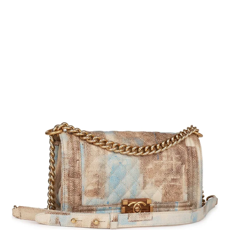 Chanel Medium Boy Bag Beige and Blue Cuba Painted Caviar Gold Hardware