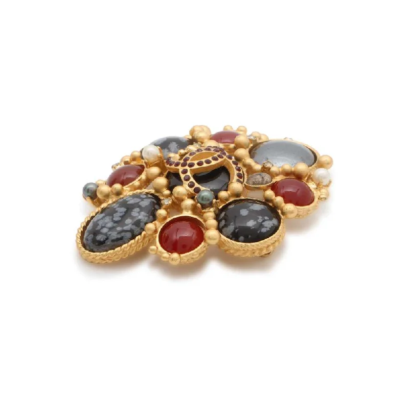 CHANEL CC Logo Color Stone Brooch Gold/Black/Red Metal