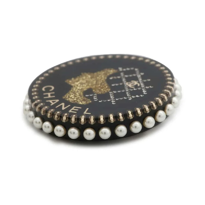 CHANEL CHANEL Round Pearl Brooch Black Plastic Faux Pearl  Rhinestone