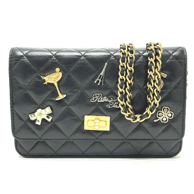 Chanel A80441 2.55 Embroidered Studs Chain wallet Shoulder Bag Black GoldHardware