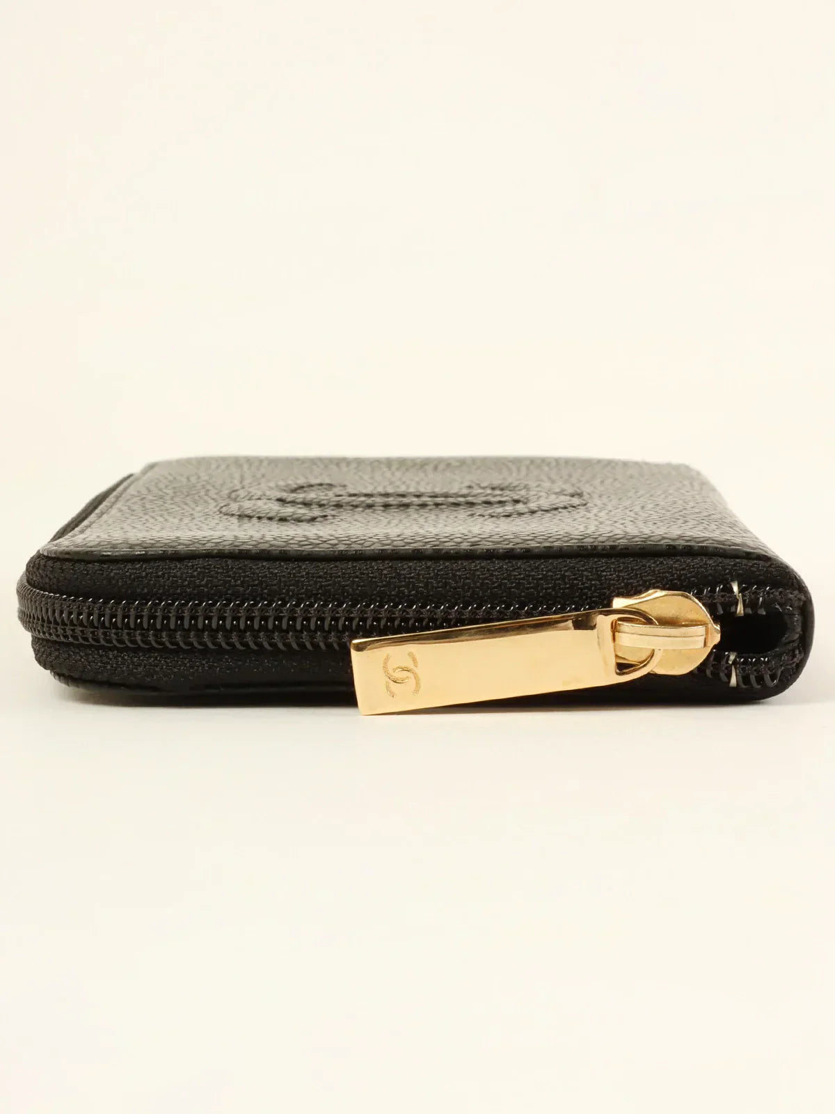 CHANEL Around 2009 Made Caivar Skin Cc Mark Stitch Long Wallet Black