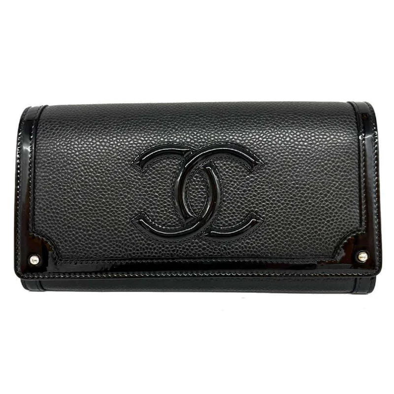 CHANEL Bi-fold Long Wallet Flap Coco Mark Caviar Skin Patent Leather Black