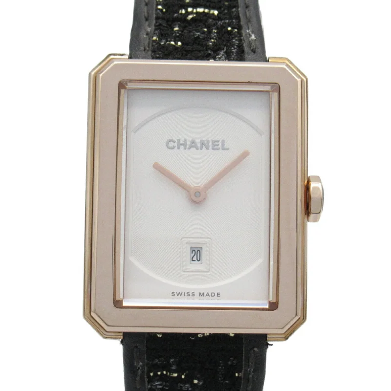 CHANEL Boyfriend Tweedy Strap Watch Leather Belt Beige Gold Women's White Opal H5586