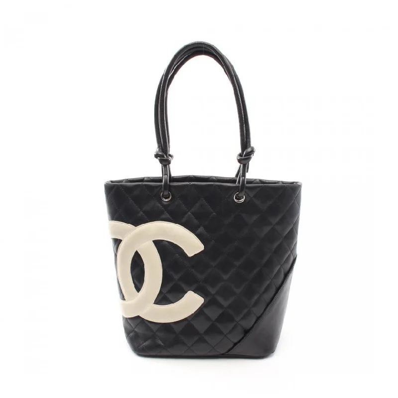 Chanel Cambon Line Medium Handbag Tote Bag Leather Black White Silver Hardware