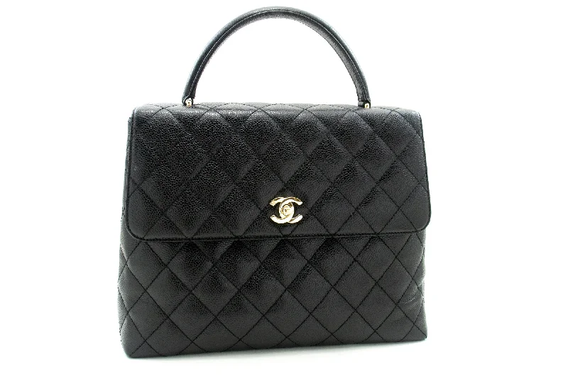 CHANEL Caviar Handbag Top Handle Bag Kelly Black Flap Leather Gold