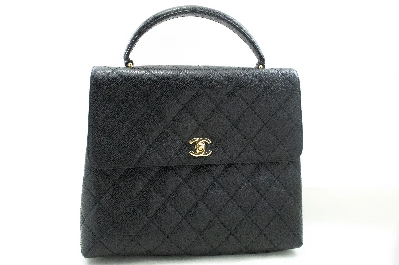 CHANEL Caviar Handbag Top Handle Bag Kelly Black Flap Leather Gold