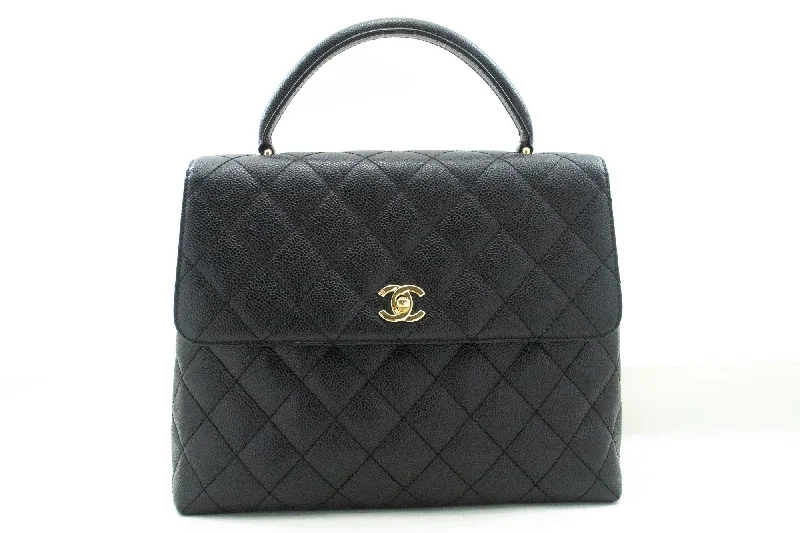 CHANEL Caviar Handbag Top Handle Bag Kelly Black Flap Leather Gold