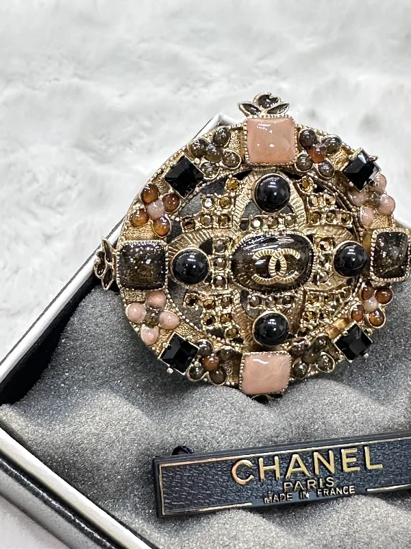 Chanel CC Cross Multi Color Crystal Gold Tone Brooch