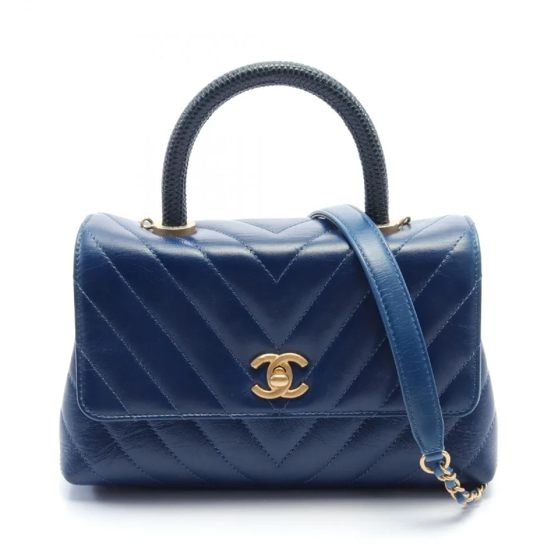 CHANEL Coco Handle V Stitch Handbag Bag Exotic Leather Calfskin Women's Blue