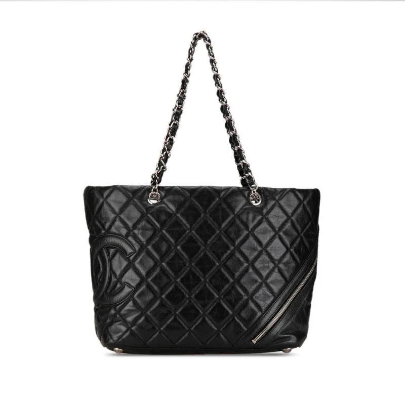 Chanel Coco Mark Cambon Chain Handbag Tote Bag Black Silver Leather Women's CHANEL