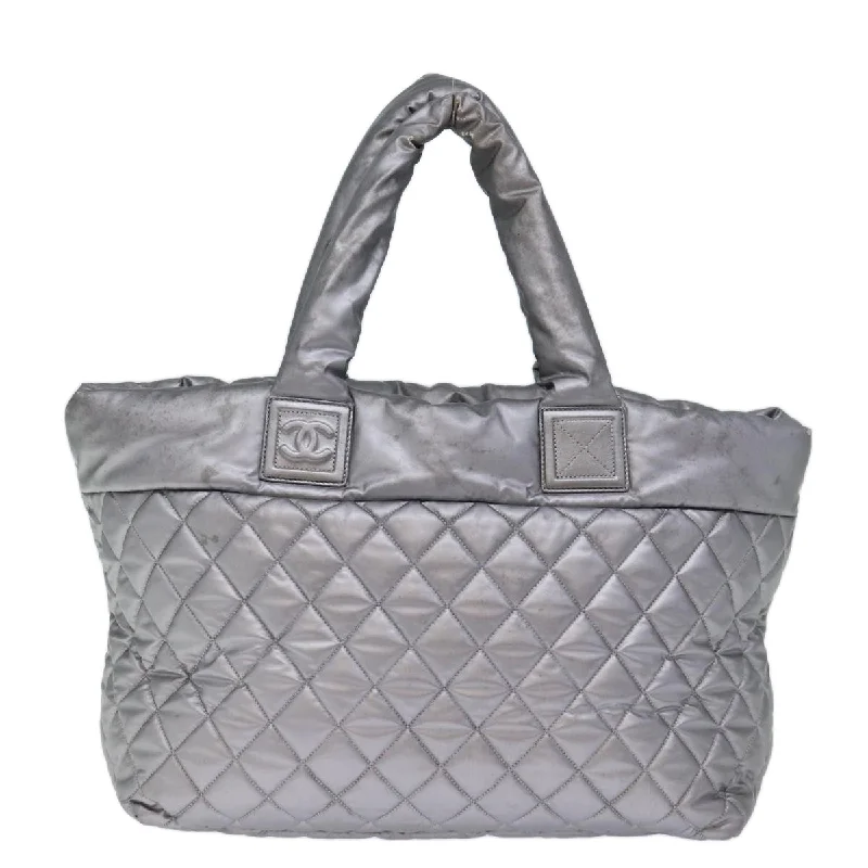 CHANEL Cococoon Hand Bag Patent leather Silver CC Auth bs13736