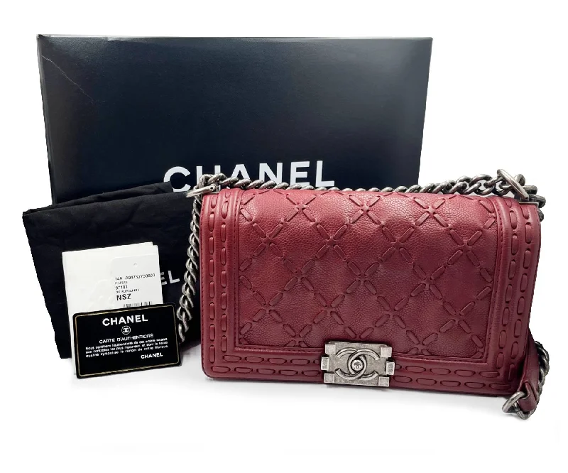 CHANEL Dark Burgundy Dallas Stitch Medium Boy Bag