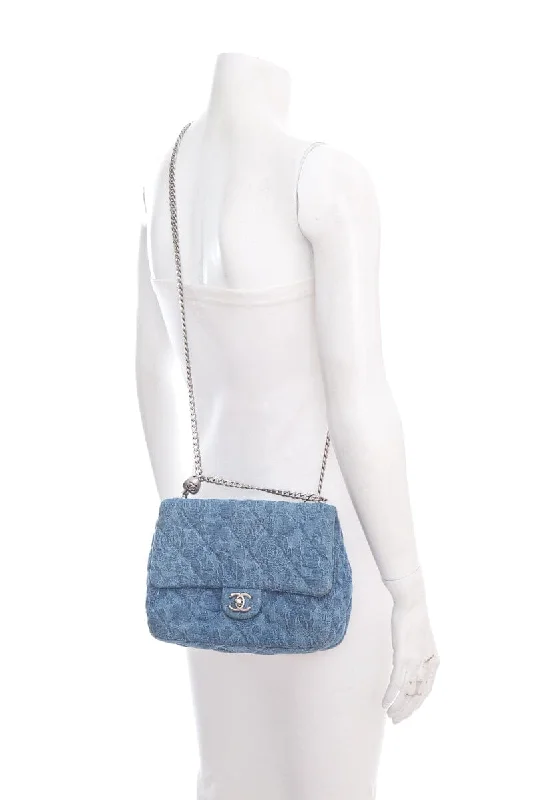 Chanel Denim Quilted Medium Camellia Sweetheart Flap Handbag