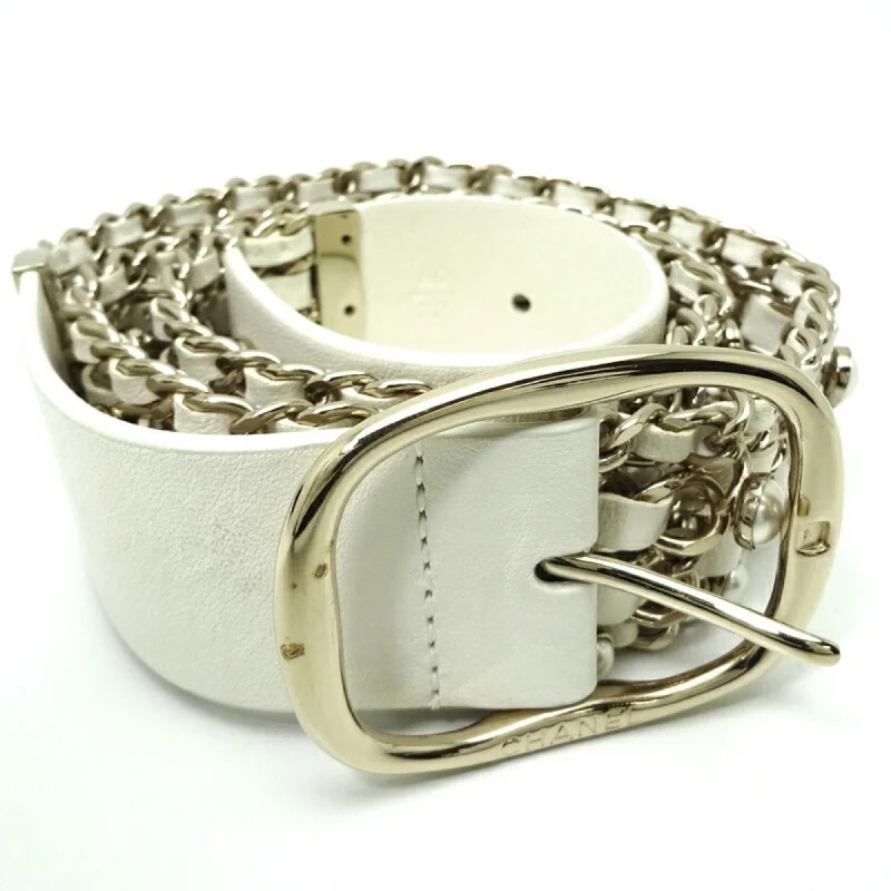 Chanel fake pearl women's belt leather white