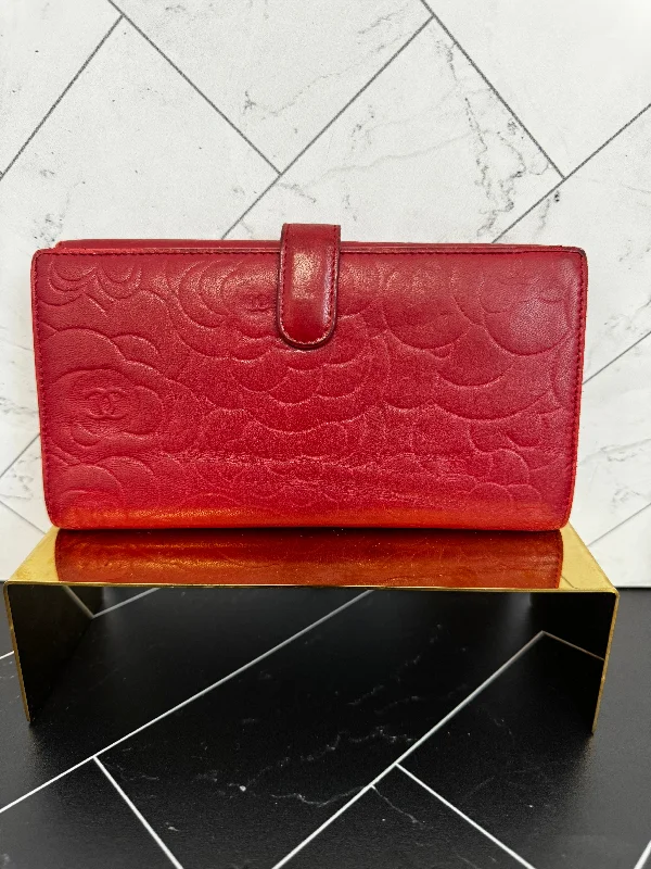 Chanel Red Lambskin Camellia Embossed Long Wallet