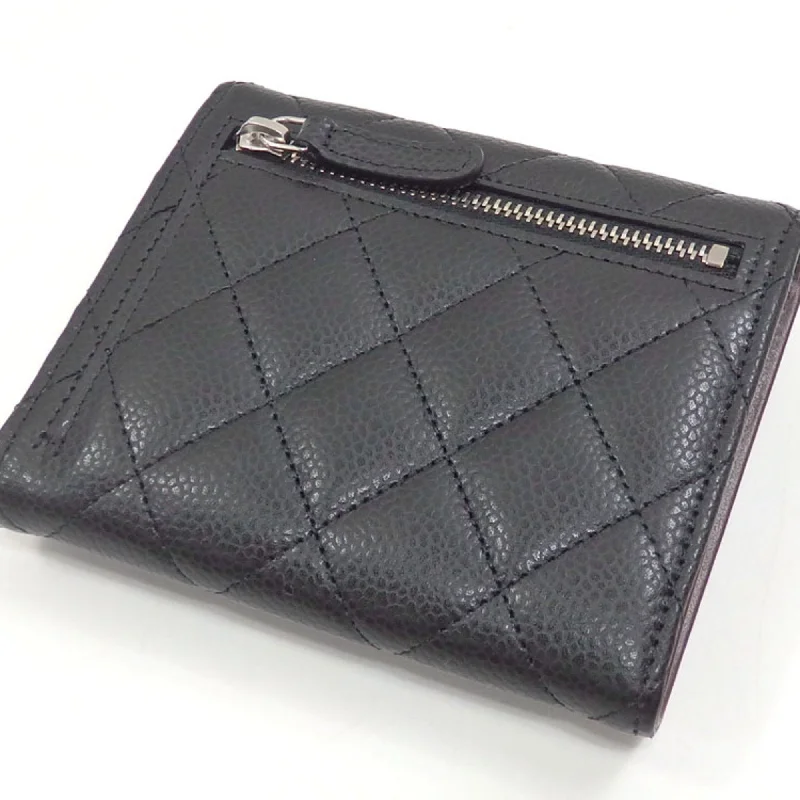 CHANEL Trifold Wallet Matelasse Classic Small Flap Women's Black Caviar Skin AP0230 Leather Coco Mark