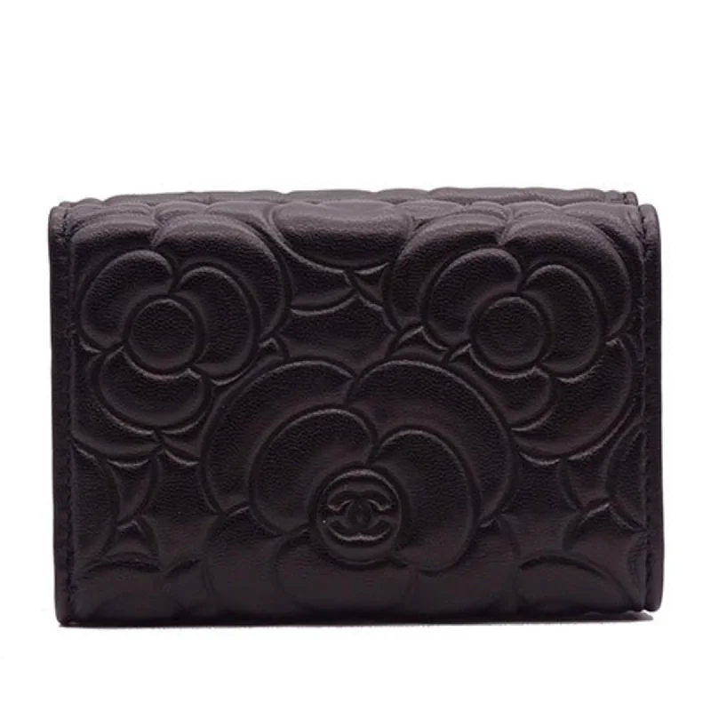 CHANEL Wallet Women's Trifold Leather Camellia Black