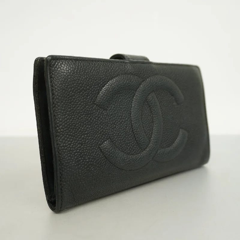 CHANEL[3cc2399]   long wallet caviar skin black gold metal